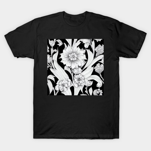 Vintage Floral Cottagecore  Romantic Flower Peony Rose Design Black and White T-Shirt by VintageFlorals